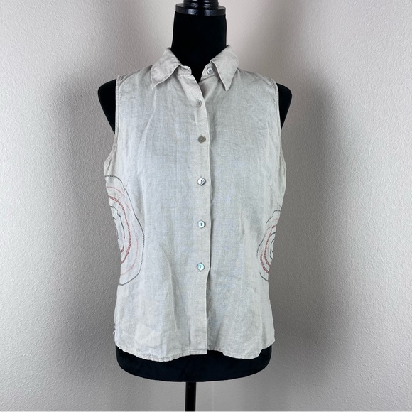 Vintage 90s Y2K Richard Malcolm tan embroidered Irish Linen button front shirt - Picture 1 of 12